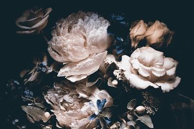 Ivory roses and peonies with blue accents