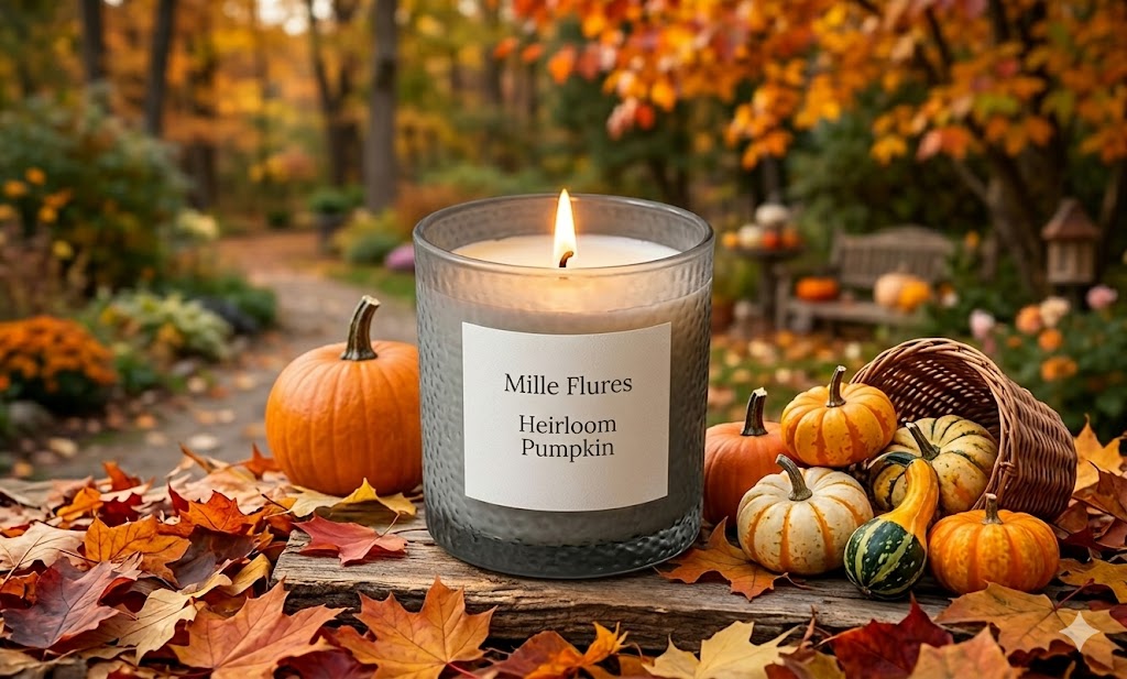 Autumn candle with pumpkins and fallen leaves